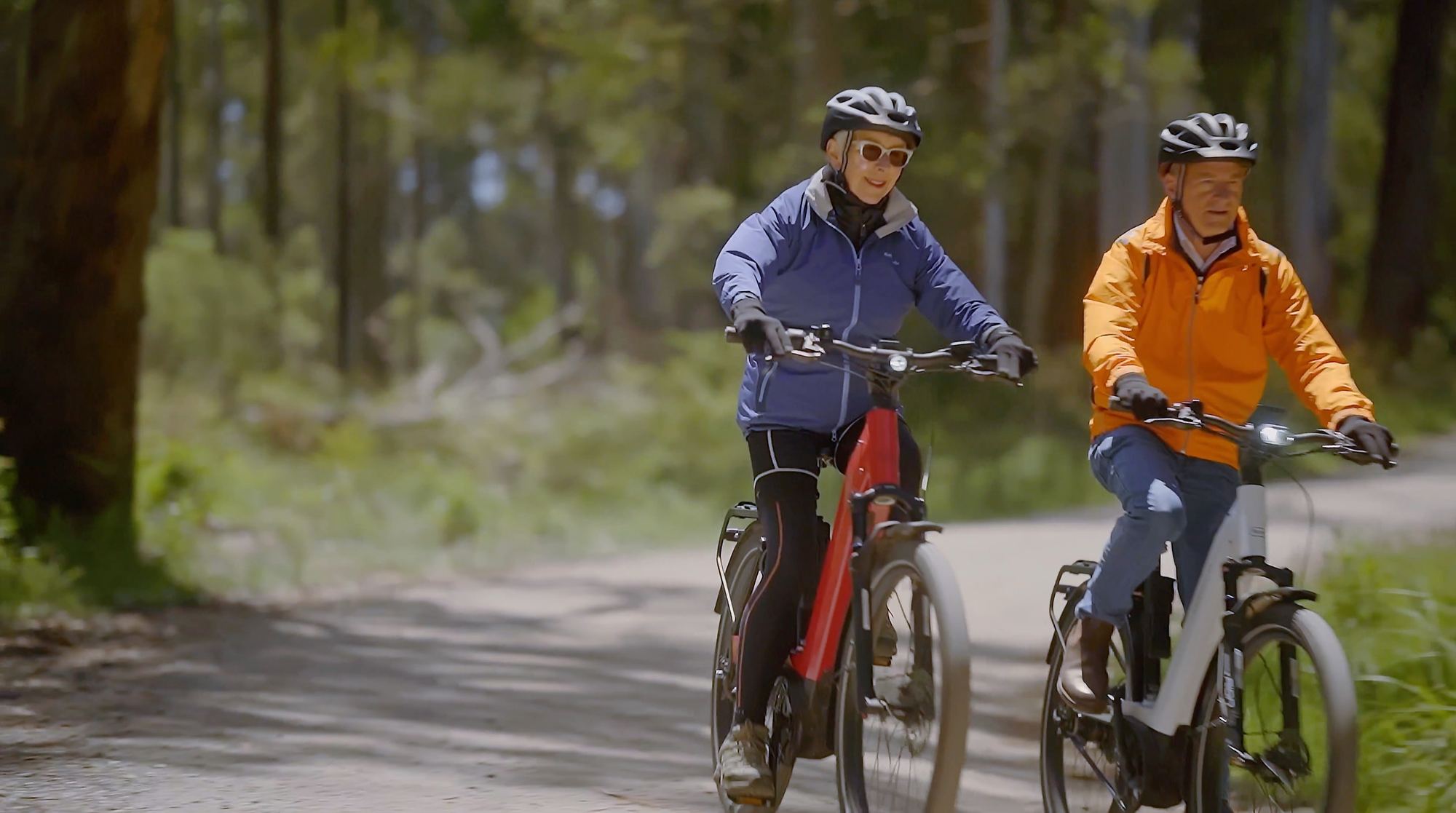 Two cyclists on e-bikes on a forest trail