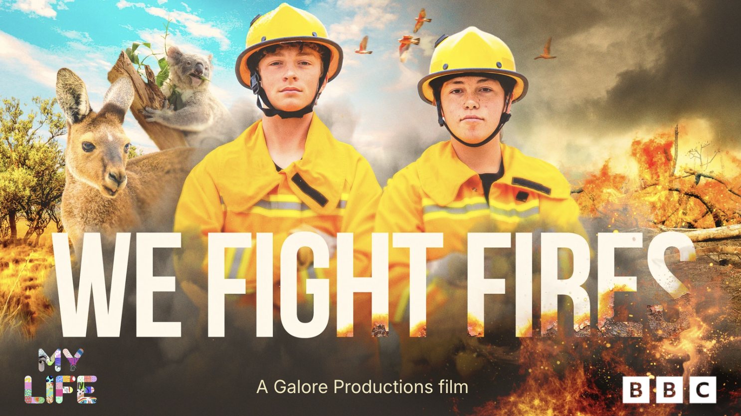 We Fight Fires poster: two young firefighters in yellow gear, with a kangaroo, a koala and bushfire behind them
